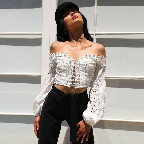 NEW | Boho Festive Eyelet Off Shoulder Lace Top - Picture 2 of 6